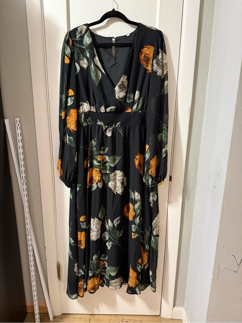 Black Floral Long Sleeve Dress with Smocked Waist 2XL NWOT